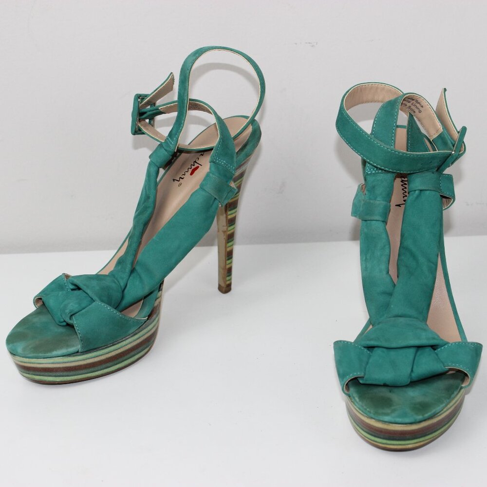 Luichiny Emerald Green Leather Ankle Wrap Ribbon Strappy Stiletto Heels Size 8